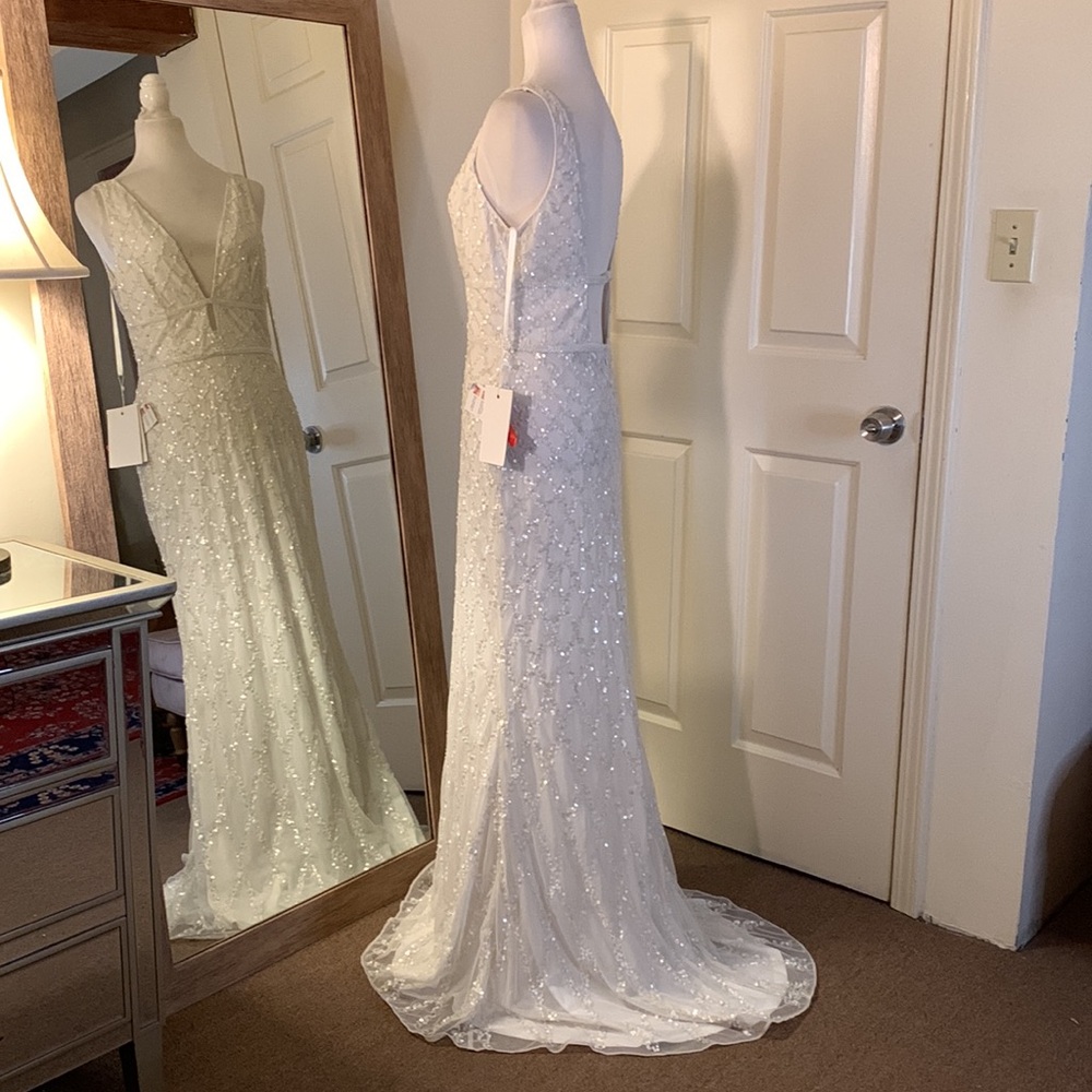 Mac Duggal White Beaded V-Neck Maxi Dress - Picture 8 of 14
